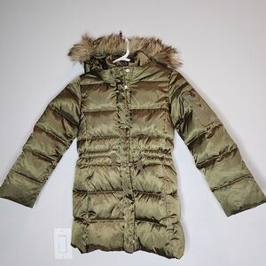 Gap Down Long Warm Green Puffer Hooded Coat Faux Fur Trim Kids Size Medium